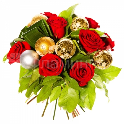 Роскошь Яркая цветочная композиция в красно-золотых тонах, оформленная в новогоднем стиле.
Великолепные красные розы и золотые новогодние шарики делают букет «Роскошь» замечательным подарком к Рождеству и Новому году для Ваших любимых. Подарите праздничное настроение Вашим близким, какие бы расстояния Вас ни разлучали.
 Красные розы, салал, аспидистра, золотые новогодние шарики.